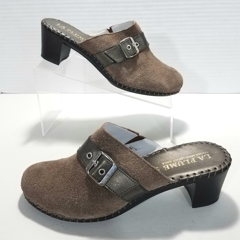 La Plume Billie Crackled Suede Buckle Accent Block Heel Mules